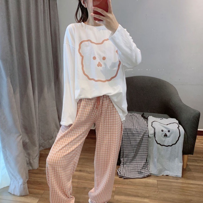 Bộ đồ mặc nhà nữ thu đông, bộ ngủ dài tay hoạt hình quần kẻ caro dáng thụng hàn quốc  2 màu chất đẹp, thoáng hút mồ hôi