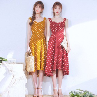 Váy maxi chấm bi hở lưng eo màu vàng - đỏ 0241
