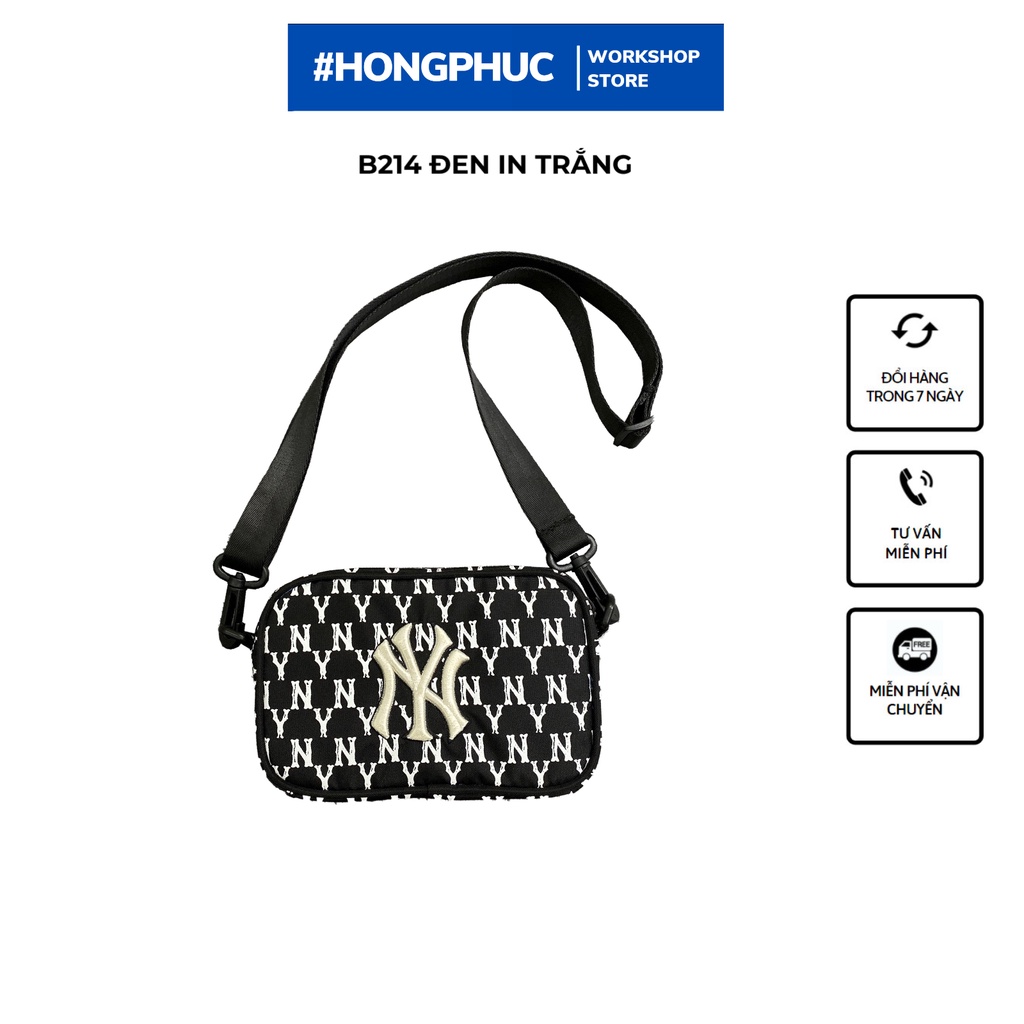 Túi đeo chéo nam nữ B214 MLB NY MONOGRAM CROSSBODY BAG - Đen in trắng  [ HONGPHUC ]