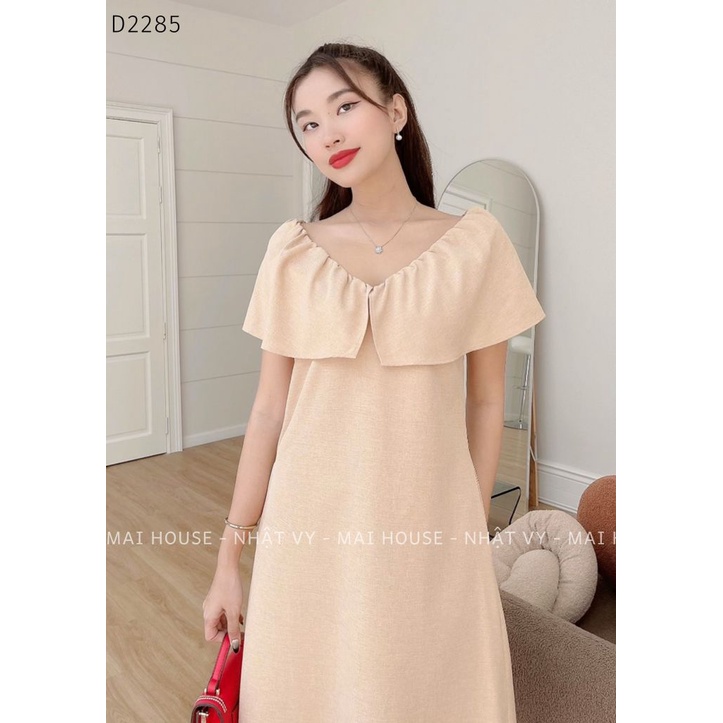 Đầm Nữ NHẬT VY Sát Nách Cổ V Tay Bèo Trễ Vai Chất Linen Đi Tiệc Dáng Suông Màu Xanh, Nude - D2285