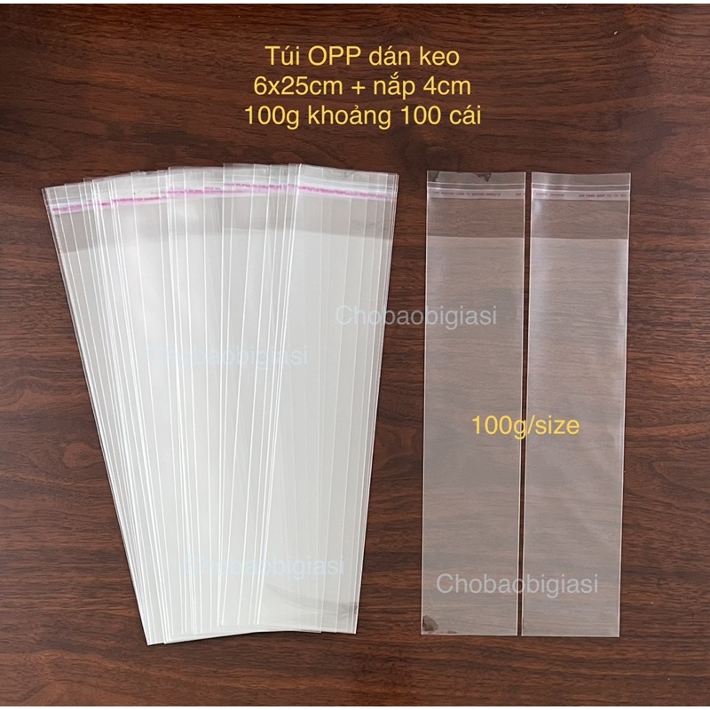 100g Túi Opp dán keo size 6x25cm + nắp 4cm đựng đũa, muỗng, tăm, khăn giấy (sp y hình)