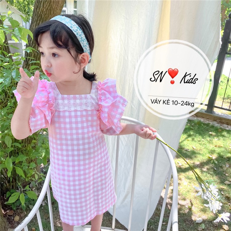 Váy caro xanh hồng cho bé gái