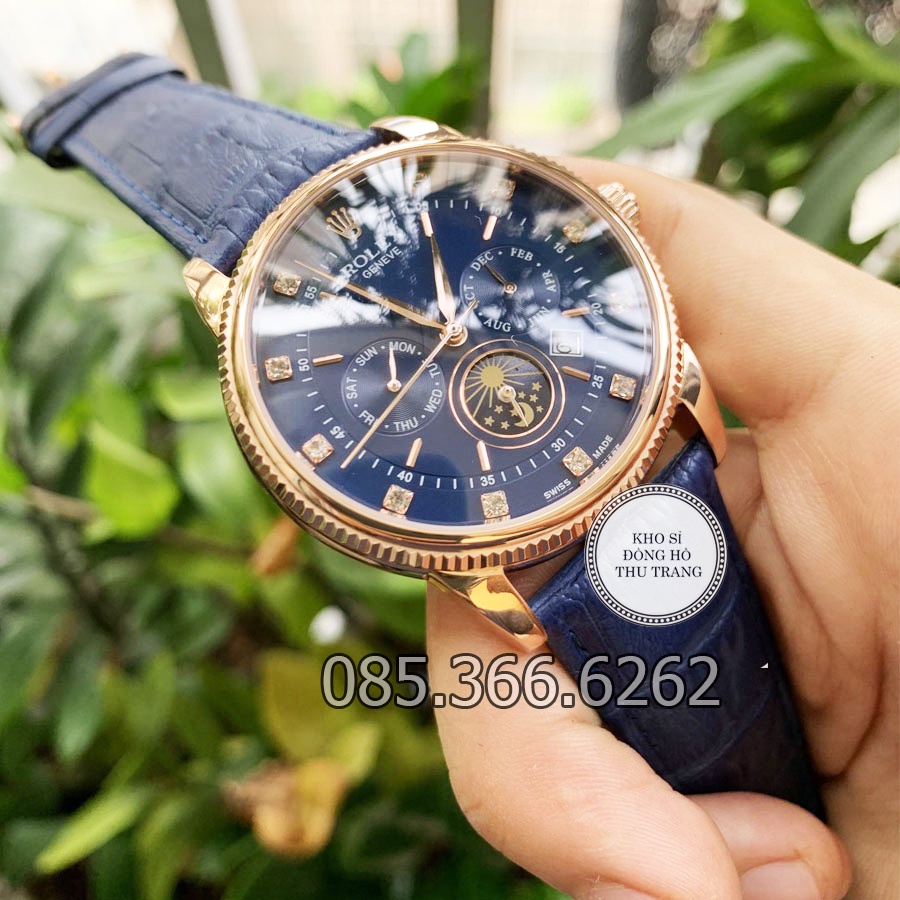 Đồng hồ nam Rolex máy Nhật mẫu 6 kim cơ Automatic xanh viền vàng dây da size 40-41mm