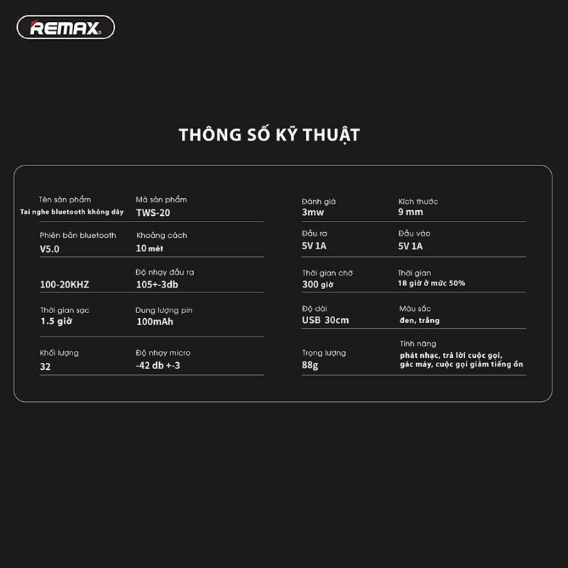 Tai nghe thể thao True Wireless thể thao Remax TWS 20 bluetooth 5.0, có chống nước 2 kênh kết nối song song