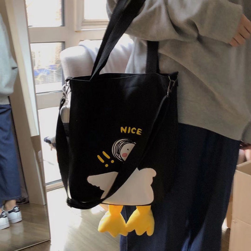 Túi Xách Vải Canvas Mềm In Hình Vịt Hoạt Hình Đáng Yêu Cho Học Sinh