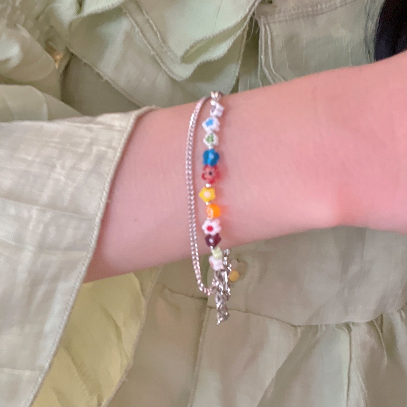 Vòng Đeo Tay Hai Lớp Họa Tiết Hoa Nhỏ Tráng Men Nhiều Màu Sắc Phong Cách Hàn Quốc 19A159