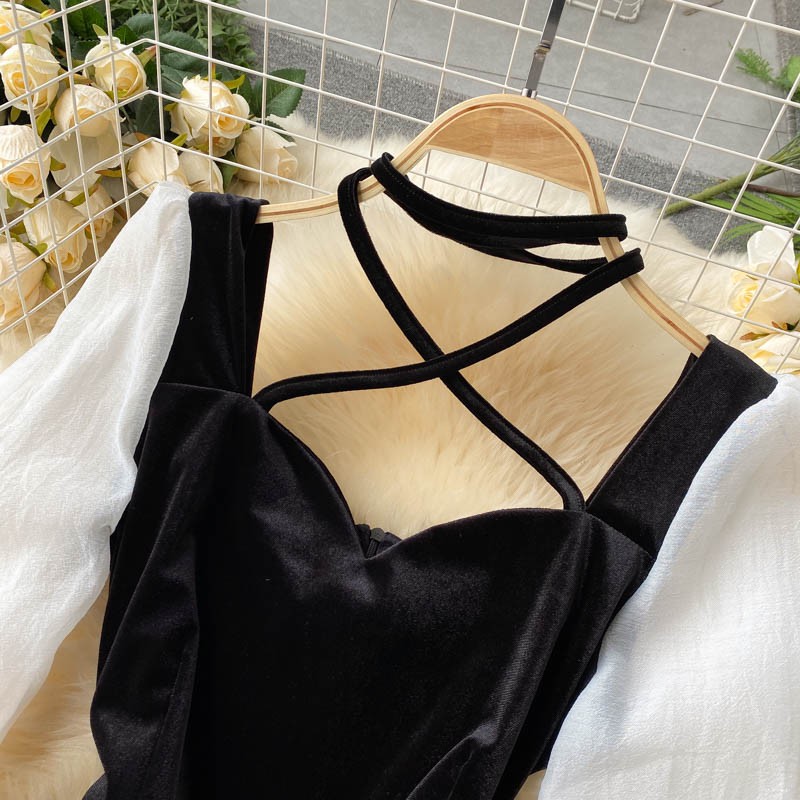 Váy Nhung Dự Tiệc Phối Tay Dây Đai Cổ Hàng Thiết Kế Tôn Dáng Sang Trọng | BigBuy360 - bigbuy360.vn