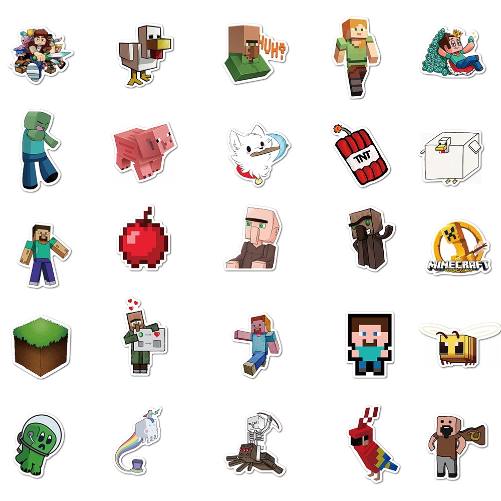 Sticker Bộ 50 Miếng Dán Trang Trí Chống Thấm Nước Hình Game Minecraft