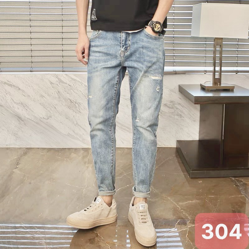Quần jean nam chất bò cao cấp đẹp rách gối co giãn ông suông hàn quốc King168 MN02
