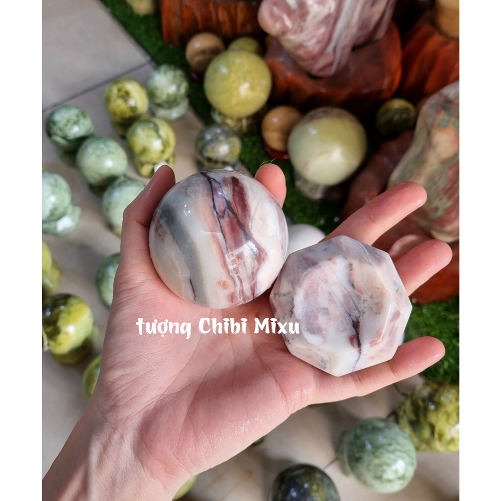 Bi cầu đá Serpentine 6.5cm kèm đế đá phong thủy