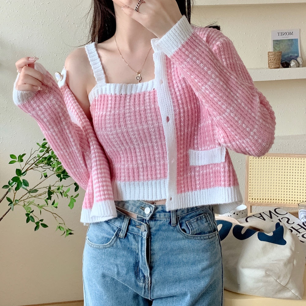 Áo len kẻ sọc croptop hai mảnh áo khoác cardigan dáng dài dệt kim