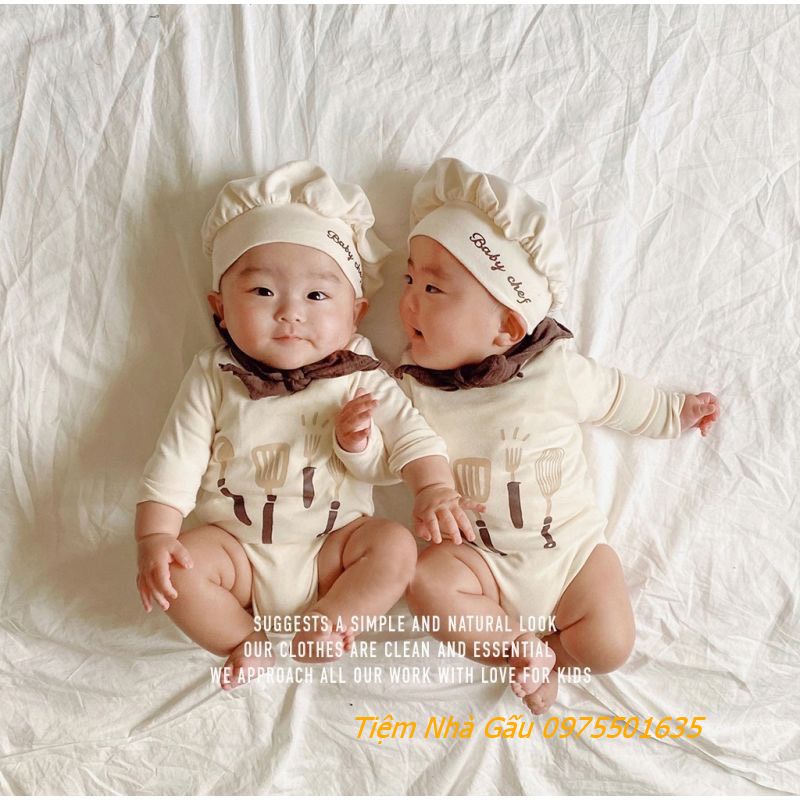 Set 3 chi tiết body kèm yếm và mũ đầu bếp Baby Chef Chụp Ảnh Đầy Tháng Thôi nôi Cho Bé Trai/Bé Gái 4-14kg Hàng Cao Cấp
