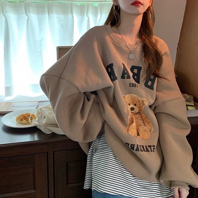 Áo sweater nỉ bông in hình gấu 3 màu xinh form rộng vanmiushop