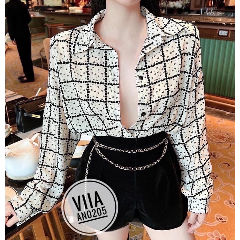 Sơ mi hoạ tiết kẻ ô tim chanh sả AN0205 VIIA DESIGN