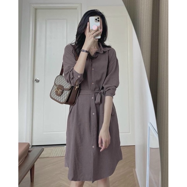 Đầm sơ mi dáng suông chất tăm lạnh kèm đai riêng