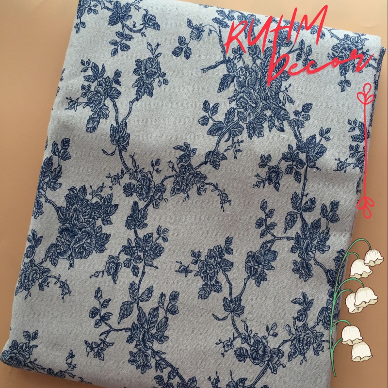 Vải canvas trải bàn, may túi rèm, chụp ảnh sản phẩm họa tiết Hoa vintage xanh blue V-B01