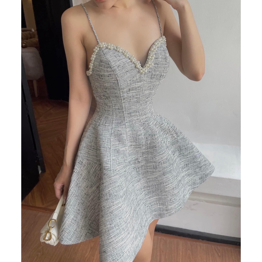 LINH CAVALI - Váy tweed 2 dây kết ngọc 3 màu.