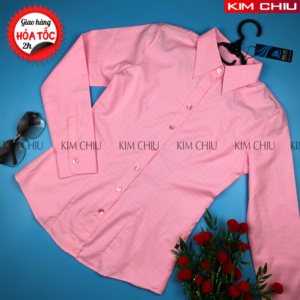Áo Sơ Mi Nữ Công Sở Kẻ Caro Họa Tiết Sao, Form Mai An, Màu Hồng Tay Dài Vải Kate Mỹ Đẹp Ít Nhăn, Đứng Áo. SMTD01