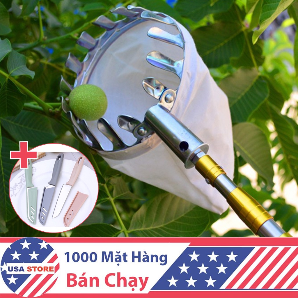 (TẶNG Dao J6 12.000đ) Vợt Đầu Sào Hái Trái Cây Trên Cao Đa Năng Kèm Túi Vải - Dụng Cụ Hái Hoa Quả Thép Siêu Bền Đẹp