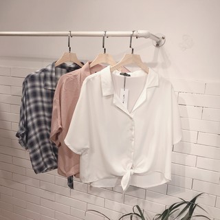 Áo sơ mi cổ pijama cột nơ trước Freesize