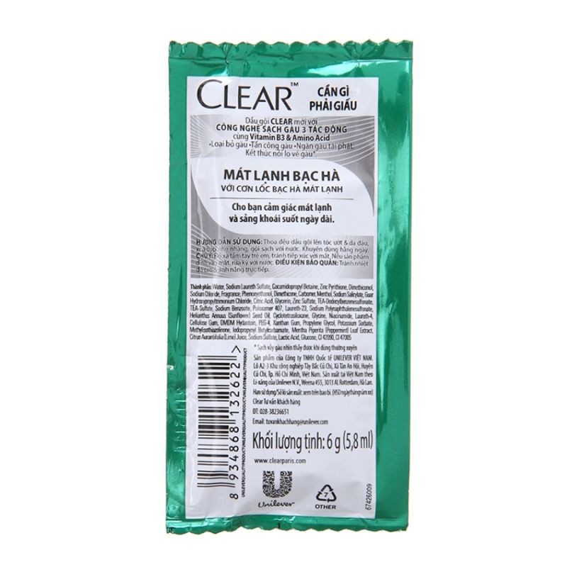 Dầu gội CLEAR sạch gàu mát lạnh bạc hà (6g × 1 gói)