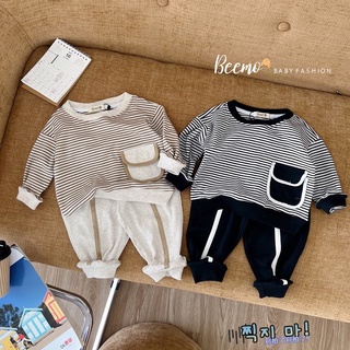 Bộ dài tay kẻ ngang phối túi cho bé Beemo,Chất liệu vải bozip cotton 4 chiều mềm mại B214