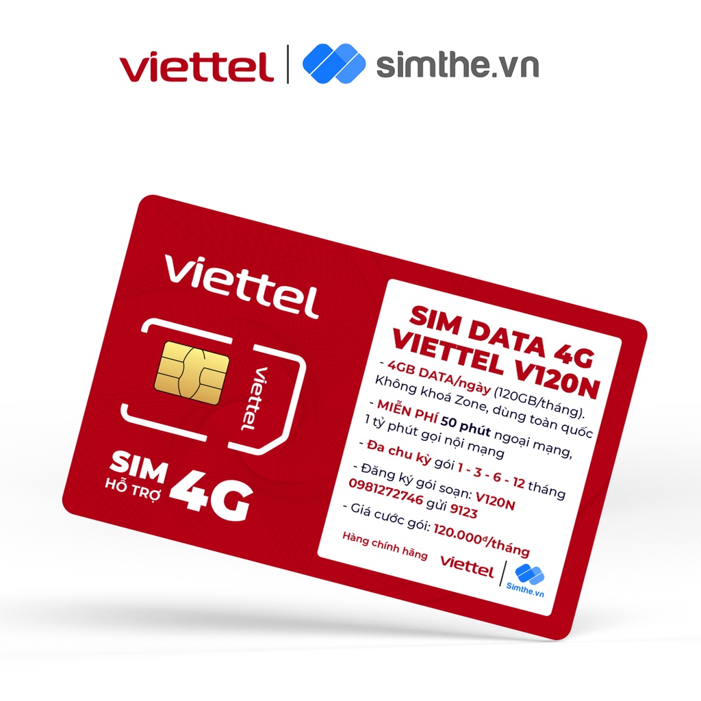 Sim 4G Viettel V120N Data 4GB/Ngày - 120GB/Tháng + Free 50p Gọi Ngoại Mạng + Gọi Nội Mạng. Hàng Chính Hãng VT- SIMTHE.VN