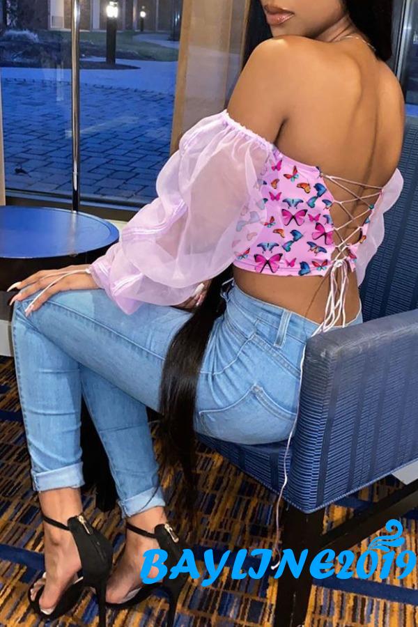 Áo Croptop Tay Phồng Chắp Vải In Hoạ Tiết Cánh Bướm Màu Hồng Gợi Cảm Cho Phụ Nữ
