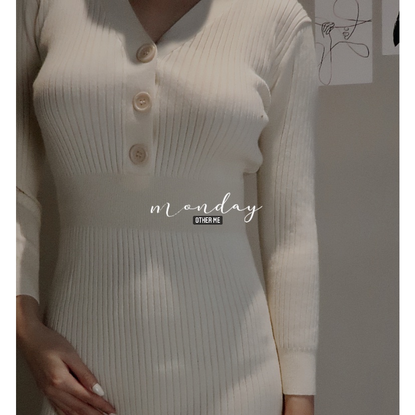 OTHER ME - Rinna sweater Dress váy len cổ chữ V dáng dài ôm sát | BigBuy360 - bigbuy360.vn