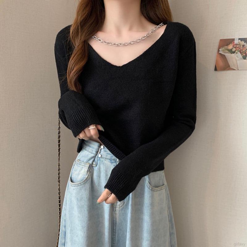 Áo Len Tay Dài Cổ Chữ V Màu Trơn Phối Dây Xích Thời Trang Hàn Quốc Cho Nữ