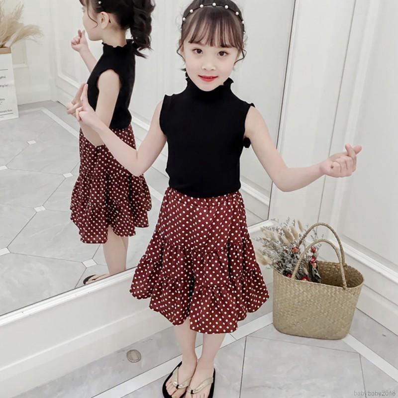 Set áo thun sát nách cổ tròn + chân váy chấm bi cho bé gái