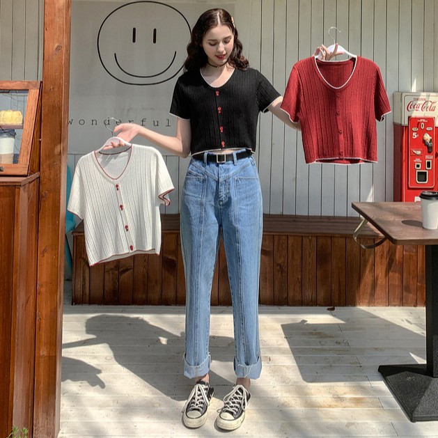 Xiaozhainv Áo thun tay ngắn ôm dáng cổ chữ V thanh lịch