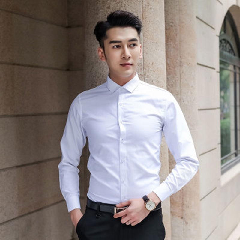 【Non-iron shirt】Men Formal Button Smart Casual Plus Size Long Sleeve Slim Fit Men's long sleeve shirt spring and autumn thin Korean slim solid color no iron shirt men's business Korean large white inch shirt