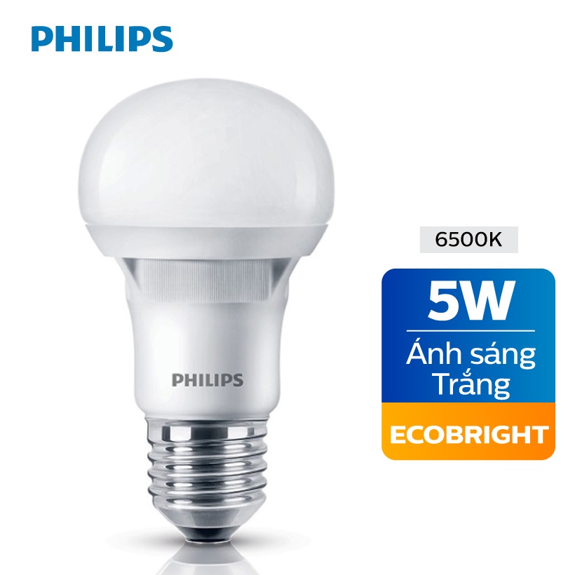 Bóng đèn Philips LED Ecobright 5W 6500K E27 A60 - Ánh sáng trắng/Ánh sáng vàng