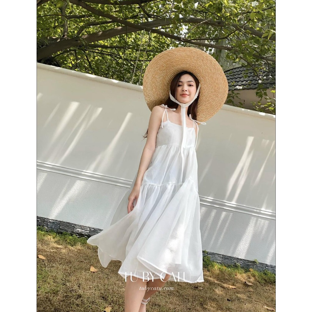 TUBYCATU | Đầm hai dây organza kem/ trắng/ xanh đen/ nude 2 tầng