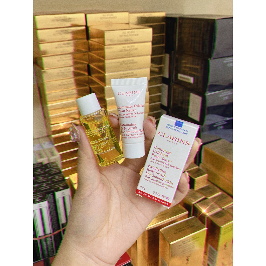 Sét tinh dầu rạn Clarins 10ml + tẩy da chết Clarins 8ml