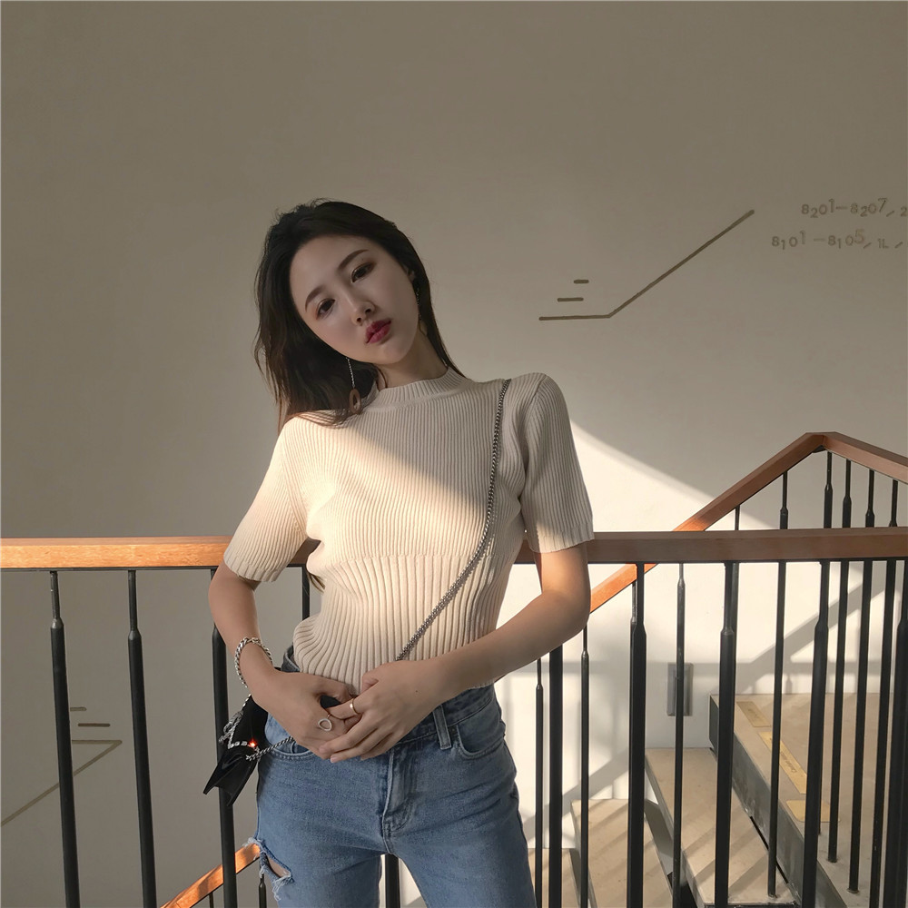 Áo thun IELGY tay ngắn cổ tròn màu trơn thời trang Hàn Quốc trẻ trung