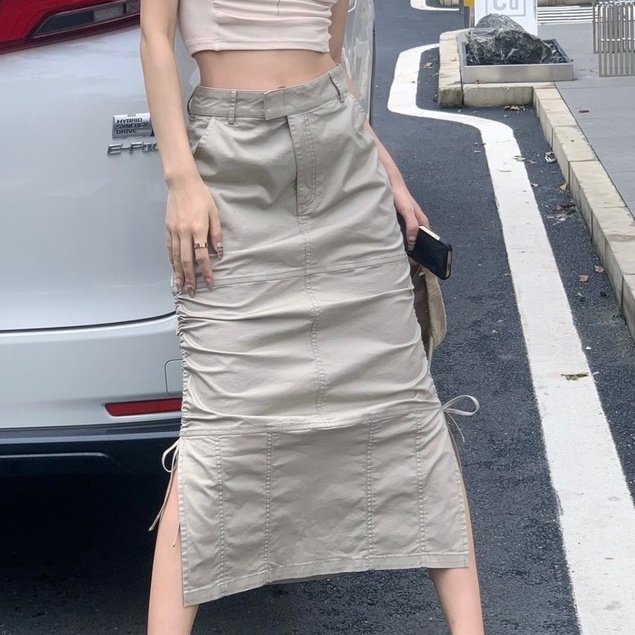 QKOOLE Chân váy  dáng chữ A lưng cao xẻ tà phong cách Hàn Quốc thời trang cho nữ