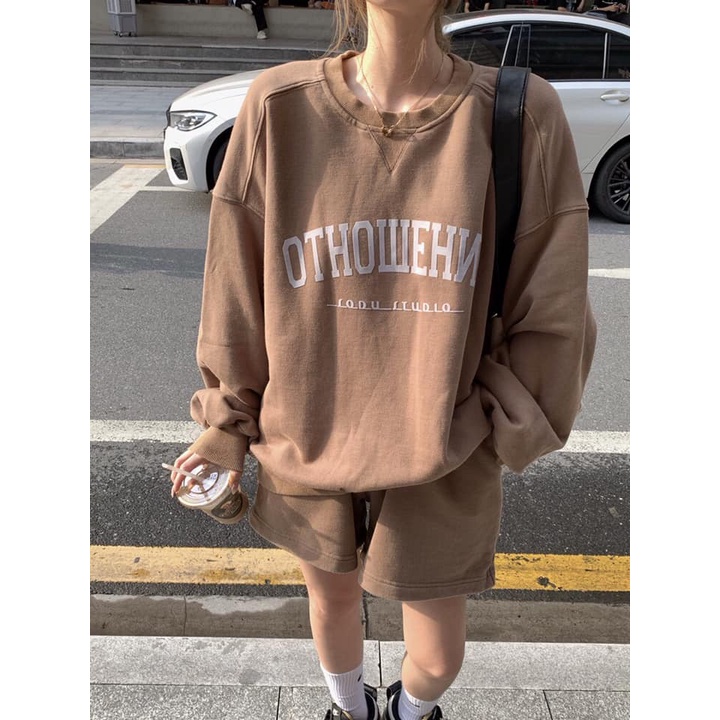 SQ013 - Bộ quần áo nỉ thể thao form rộng đùi sooc OTHOWEHNE tay bo oversite, Set áo hoodie sweater dài tay và quần short