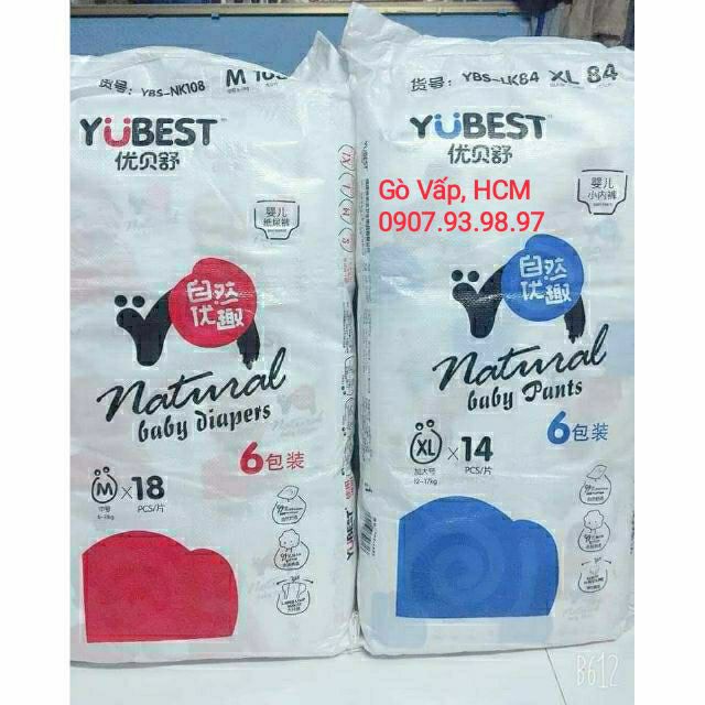 Tả/Bỉm Yubest NATURAL siêu thấm, mỏng full size S132/ M108/L96/XL84/XX72/XXX66