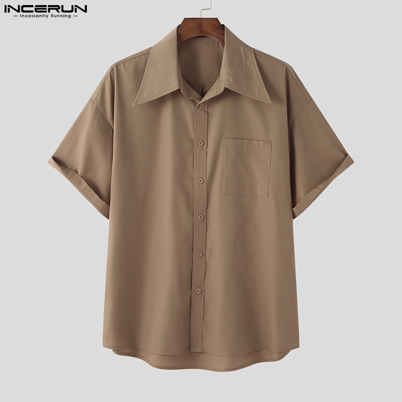 Áo sơ mi nam Incerun tay ngắn có cổ cài nút màu trơn trang trọng