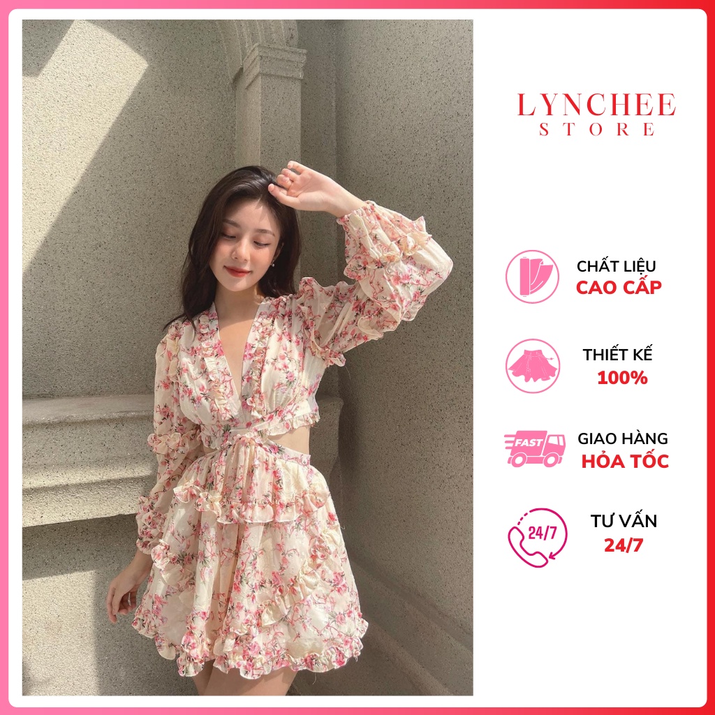Đầm nữ dự tiệc dáng xòe hoa nhí tay dài hở lưng, váy đi biển du lịch cổ chữ V khoét ngực hở eo nhún bèo