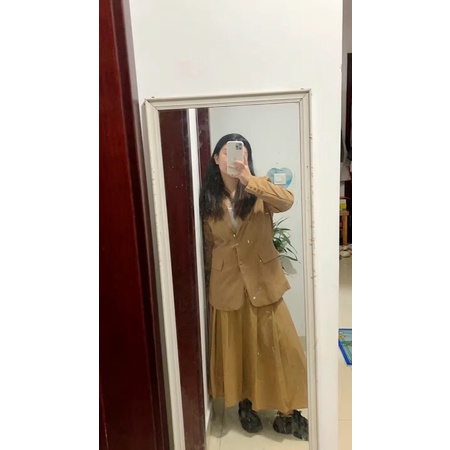 Set áo khoác blazer + chân váy dài xếp ly màu nâu tây ulzzang