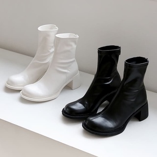 Giày bốt mona nữ cổ thấp đế lớn khoá kéo chelseamũi tròn martin đàn hồi boots màu trắng đen