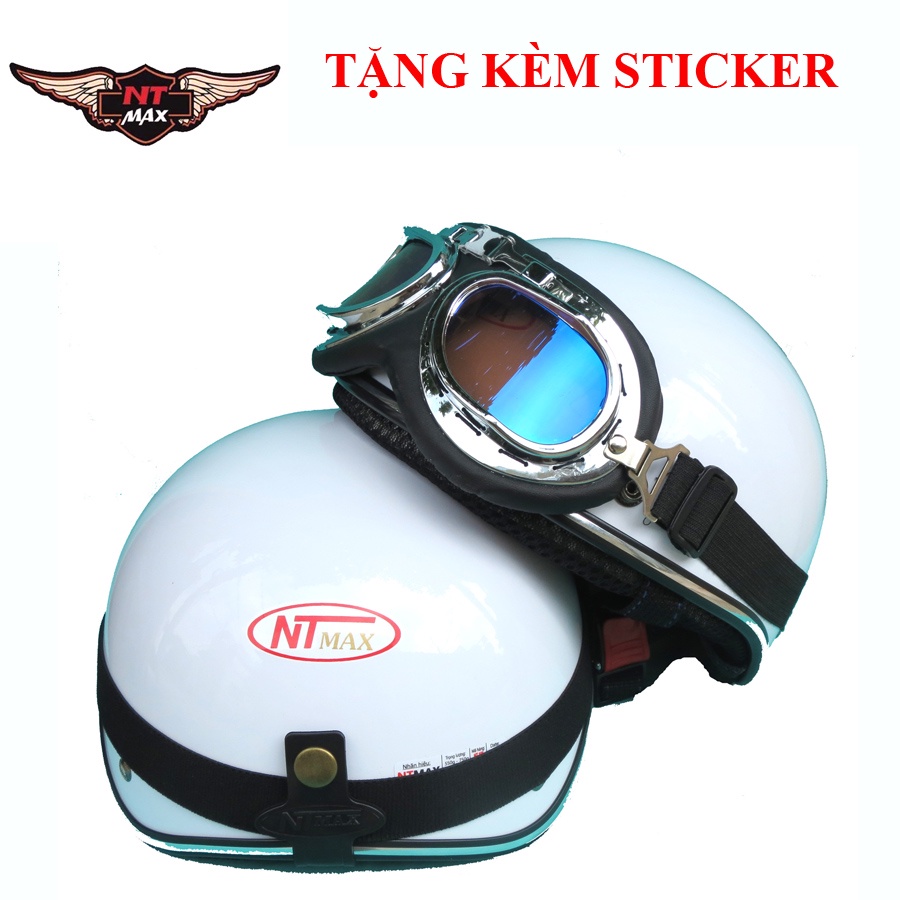 Mũ bảo hiểm 1/2 NTMAX trắng bóng + kính phi công hoặc kính uv400