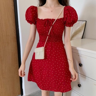Đầm Chữ A Tay Phồng Cổ Vuông Họa Tiết Chấm Bi Phong Cách Retro Pháp Cho Nữ