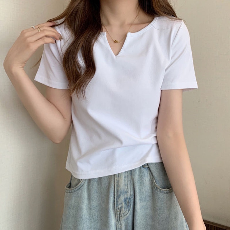 Áo Thun Tay Ngắn Màu Trơn Đơn Giản Cho Nữ 164214 Áo Thun Cổ Chữ v Màu Trơn Form Rộng Kiểu Dáng Đơn Giản