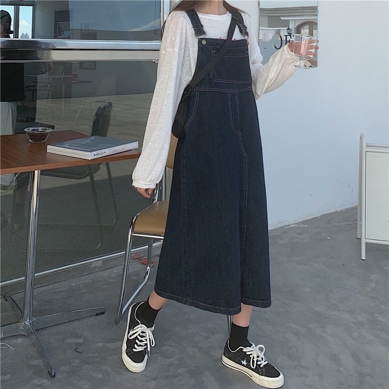Xiaozhainv Đầm Yếm Denim Form Rộng Phong Cách Retro Hàn Quốc Cho Nữ
