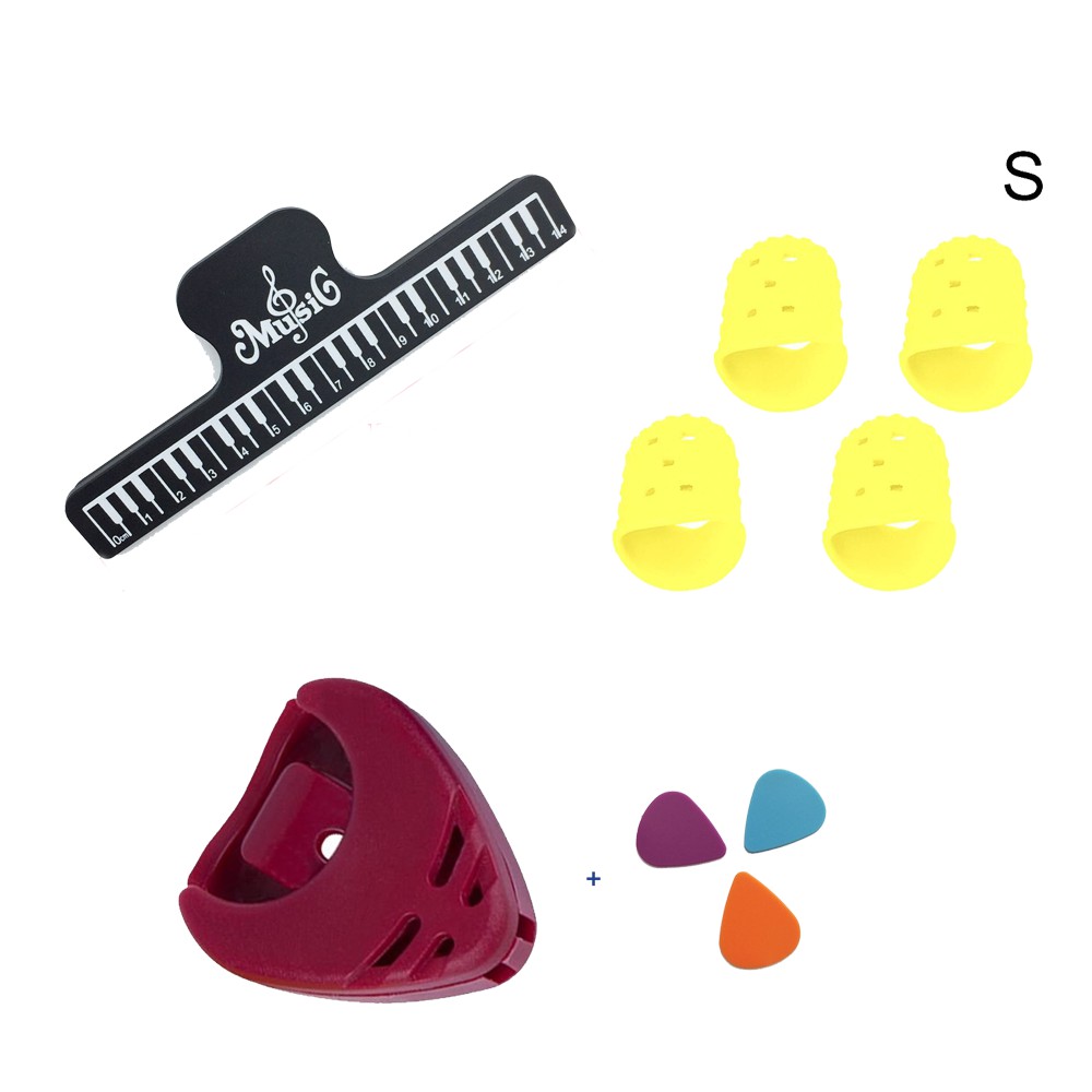 Bộ 4 phụ kiện guitar CBKBN ( Kẹp bản nhạc, Bọc ngón tay silicon, Hộp đựng pick (pick holder) và 3 pick gảy )