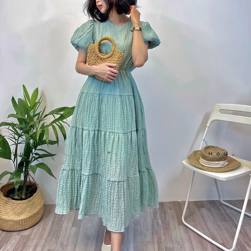 Đầm tiểu thư xanh mint tầng nối tay phồng vintage
